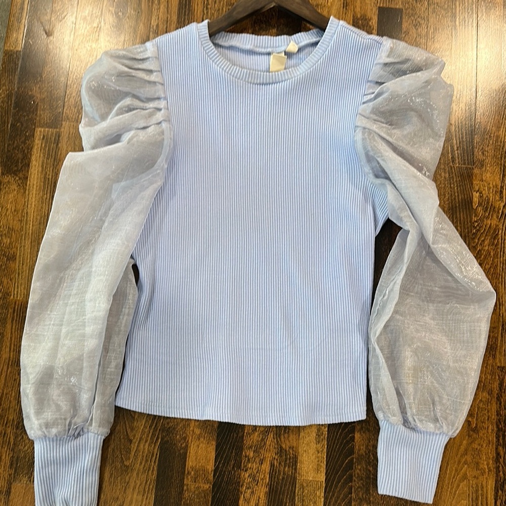 Dolan Blue Ruffled Puff Sleeve Blouse